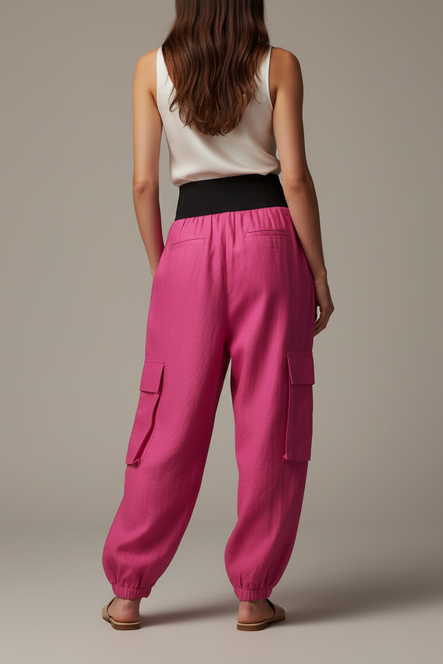 Pantalon Baggy Fuchsia Cargo Lin Taille Haute - Rose - vue 2