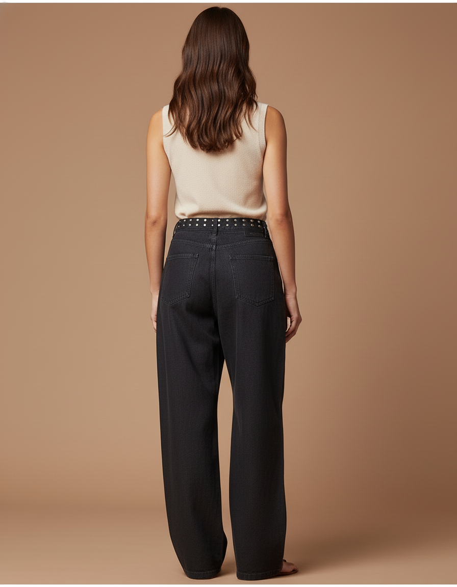 Pantalon Baggy Noir Étoiles Dorées Ample Denim Femme - Jean - vue 2