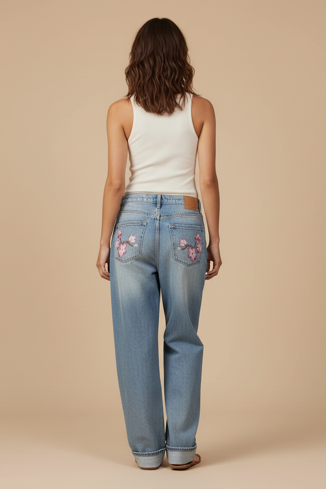 Pantalon Baggy Denim Fleur Brodé Ample Décontracté - Bleu Jean - vue 2