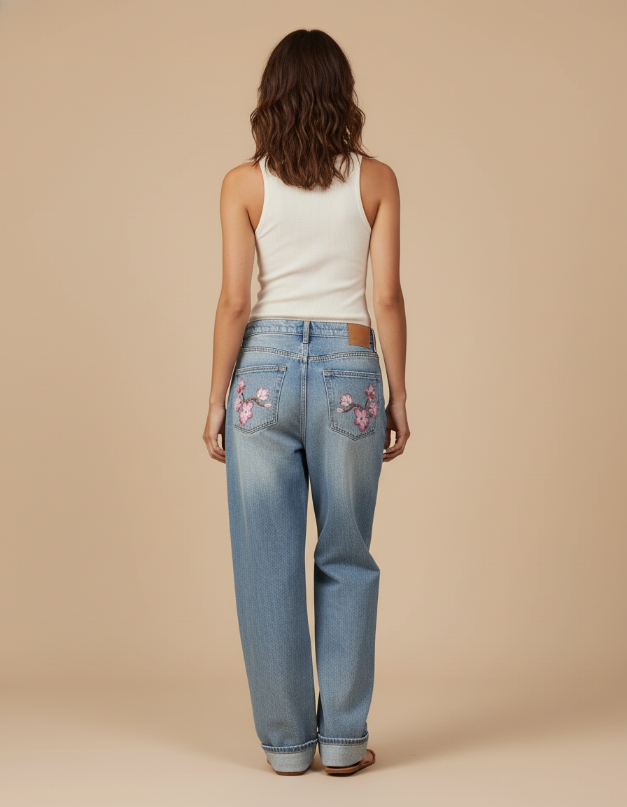 Pantalon Baggy Denim Fleur Brodé Ample Décontracté - Bleu Jean - vue 2