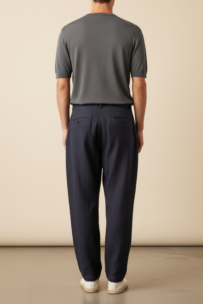 Pantalon Baggy Bleu Marine Lin Plissé Ample Décontracté - vue 2