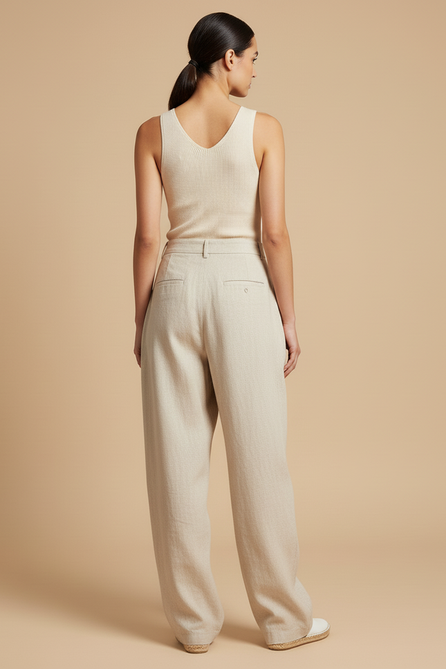 Pantalon Baggy Beige Plissé Taille Haute Fluide - Lin - vue 2