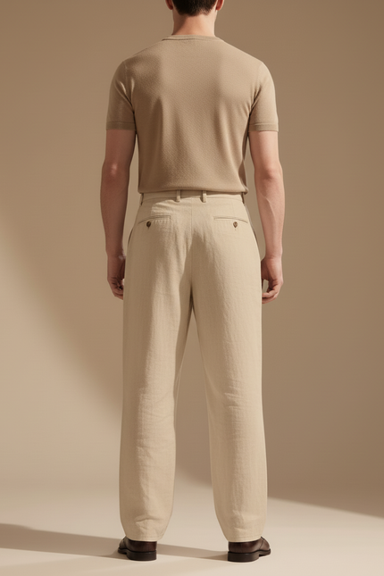 Pantalon Baggy Beige Lin Plissé Ample Décontracté Homme - vue 2