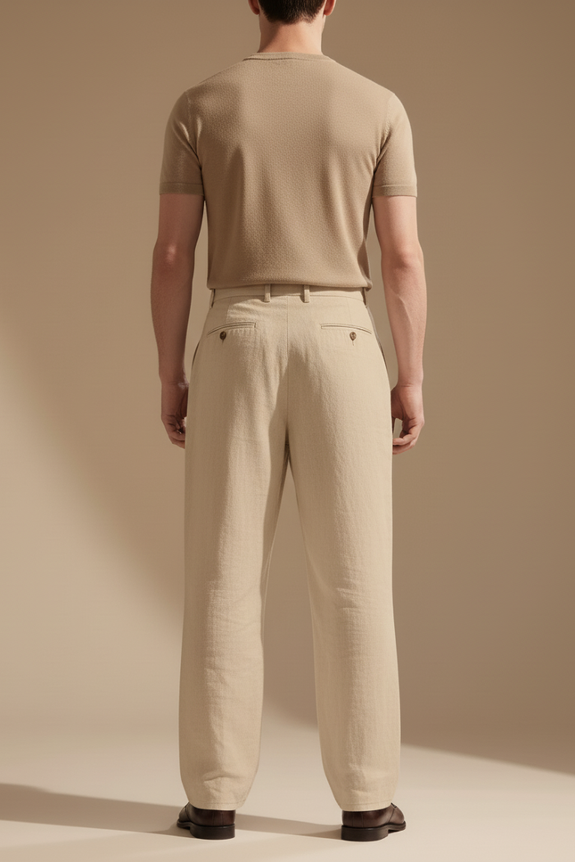 Pantalon Baggy Beige Lin Plissé Ample Décontracté Homme - vue 2