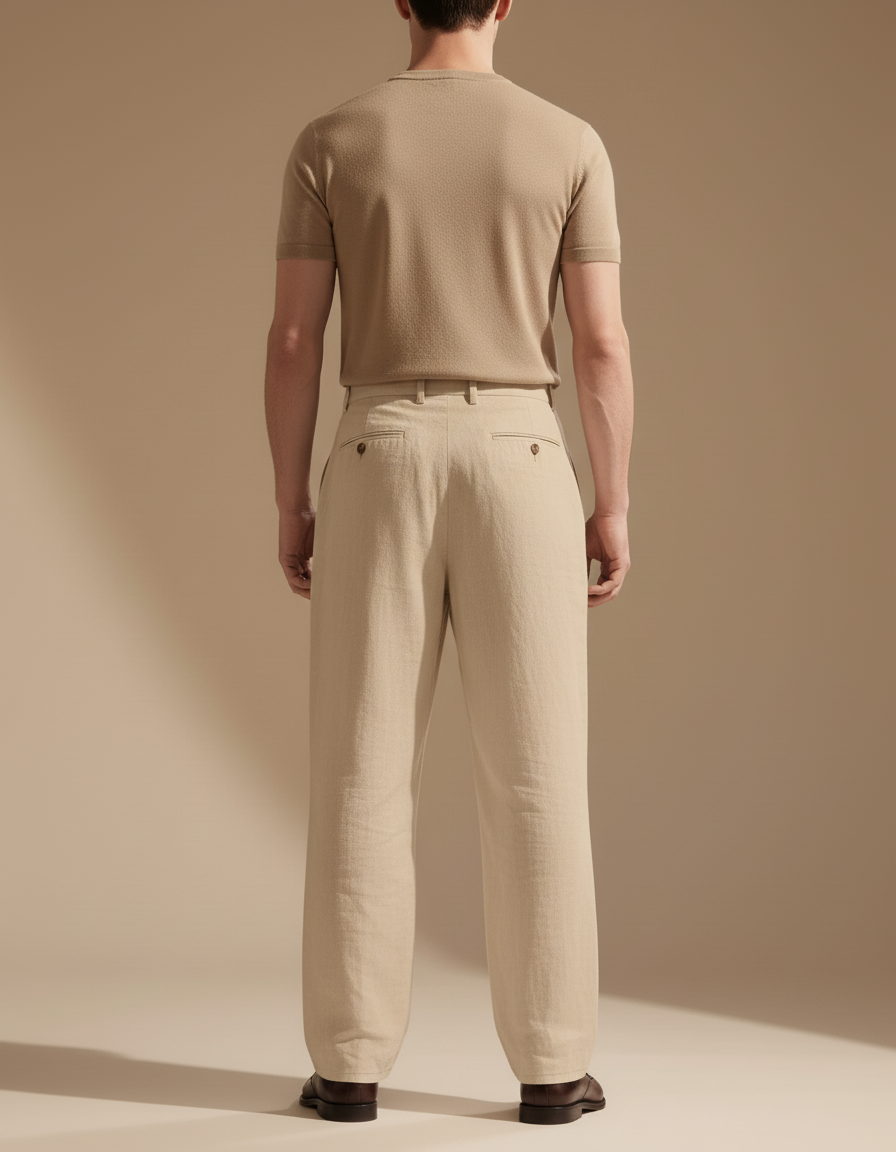 Pantalon Baggy Beige Lin Plissé Ample Décontracté Homme - vue 2