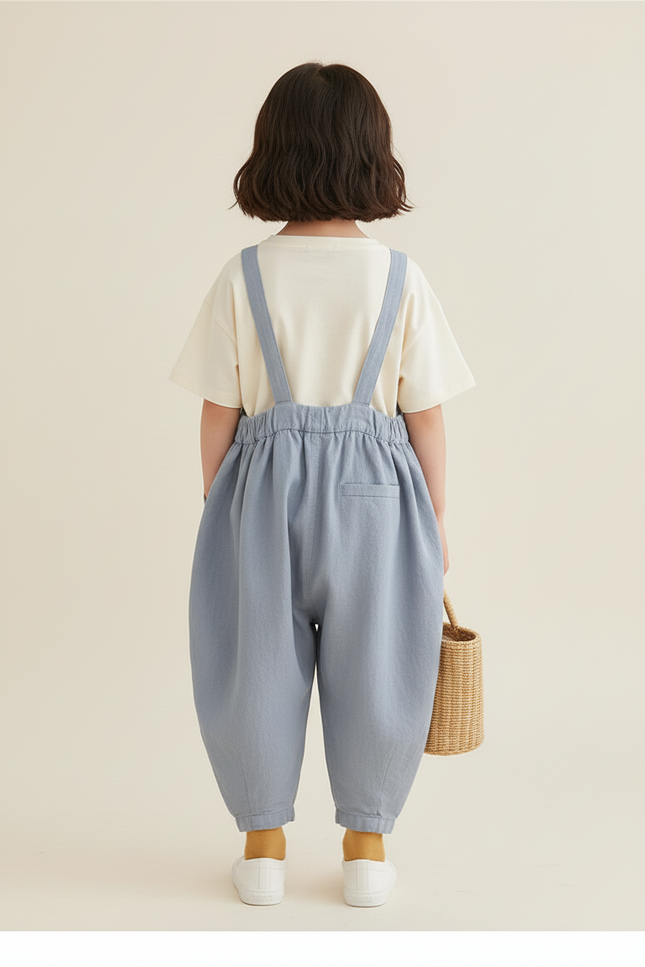 Pantalon Baggy Bleu Clair Ample Lin Bretelles Enfant - vue 2