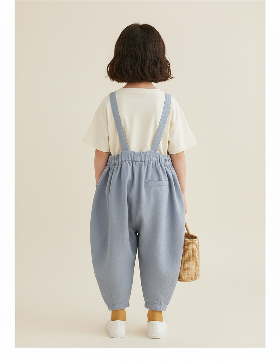 Pantalon Baggy Bleu Clair Ample Lin Bretelles Enfant - vue 2
