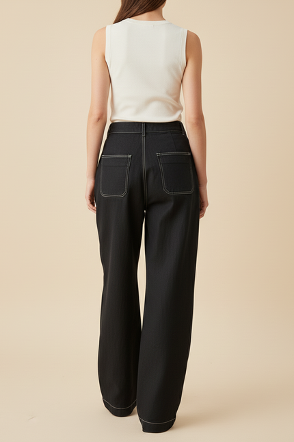 Pantalon Baggy Noir Ample Coton Plissé Femme - Jean - vue 2