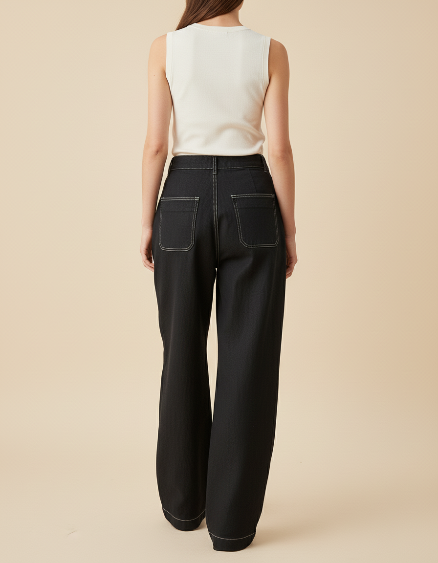 Pantalon Baggy Noir Ample Coton Plissé Femme - Jean - vue 2