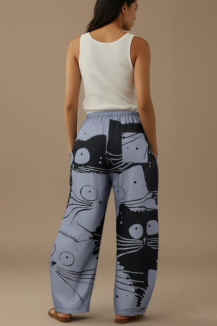 Pantalon Baggy Gris Imprimé Chats Ample Décontracté Femme - Polyester - vue 2