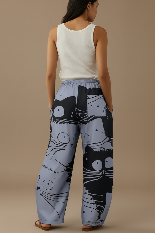 Pantalon Baggy Gris Imprimé Chats Ample Décontracté Femme - Polyester - vue 2