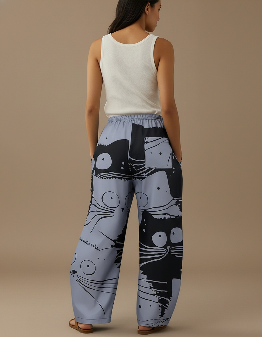 Pantalon Baggy Gris Imprimé Chats Ample Décontracté Femme - Polyester - vue 2