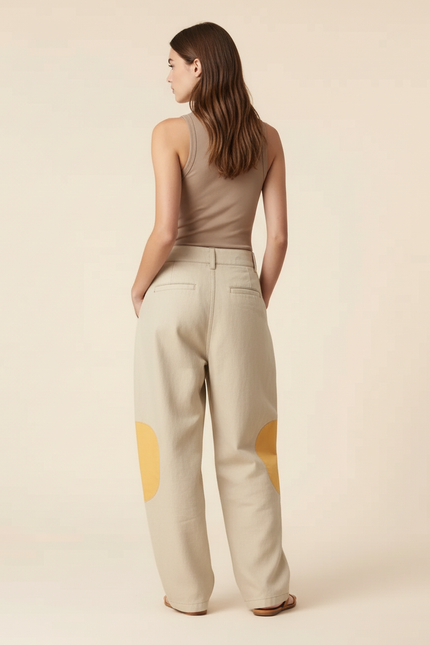 Pantalon Baggy Beige Bicolore Ample Décontracté Femme - Toile - vue 2