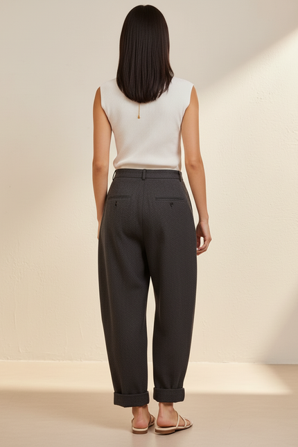 Pantalon Baggy Gris Plissé Laine Taille Haute Élégant - vue 2