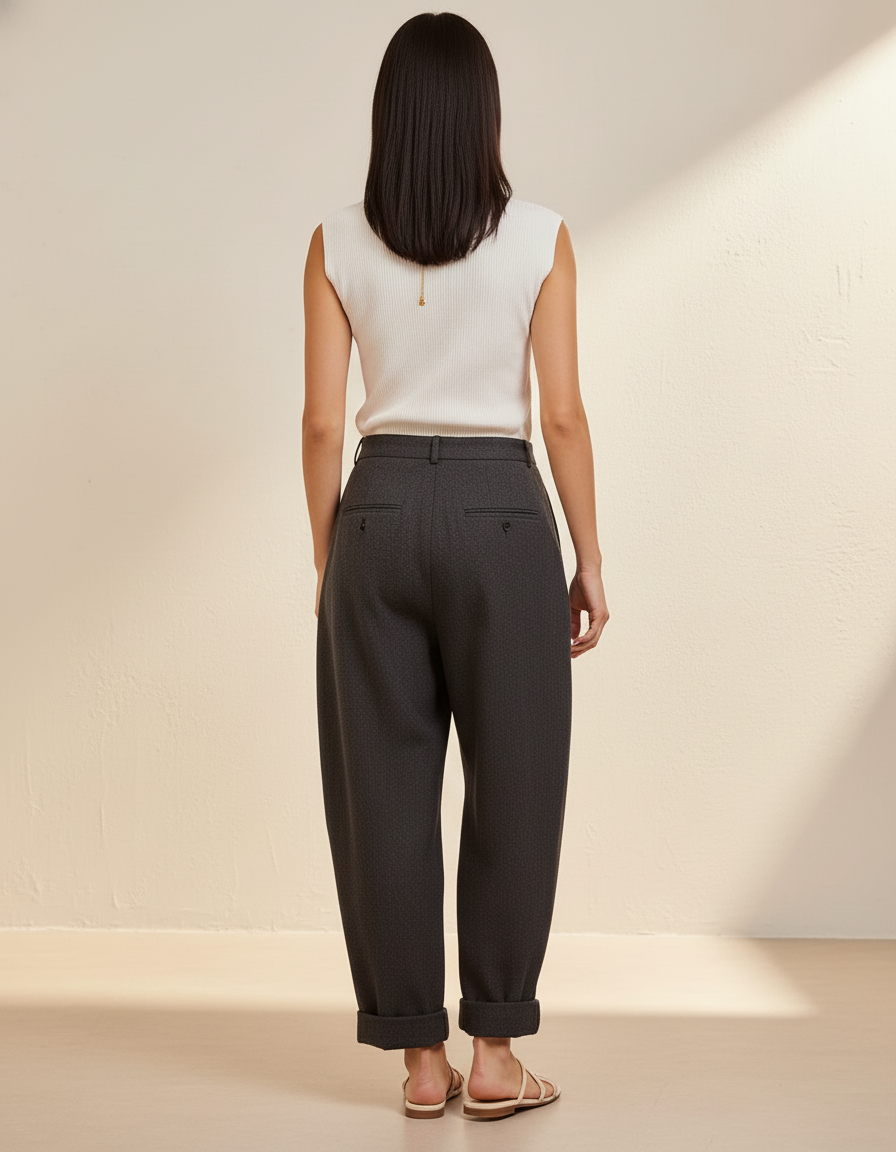 Pantalon Baggy Gris Plissé Laine Taille Haute Élégant - vue 2