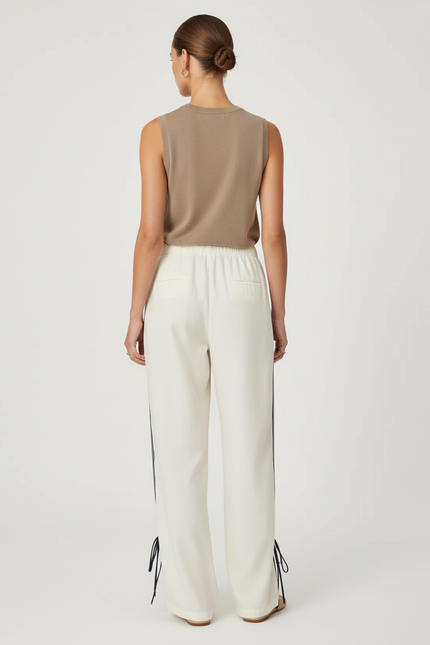 Pantalon Baggy Crème Rayé Fluide Cordon Décontracté - Beige Viscose - vue 2