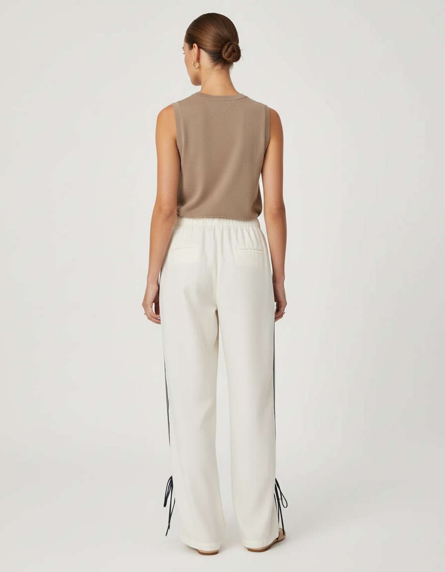 Pantalon Baggy Crème Rayé Fluide Cordon Décontracté - Beige Viscose - vue 2