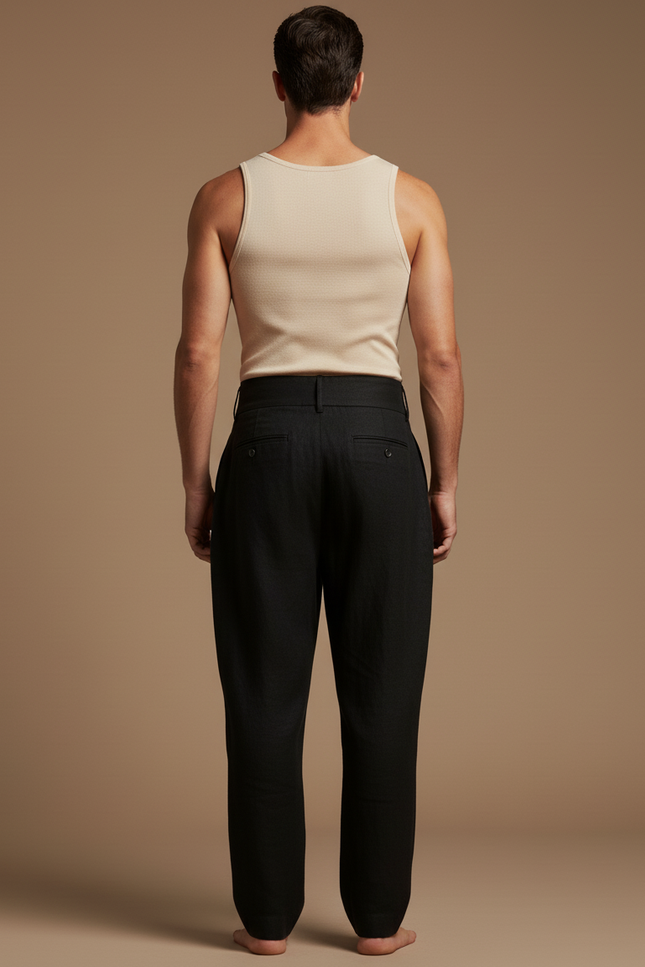 Pantalon Baggy Noir Lin Plissé Taille Haute Homme - vue 2