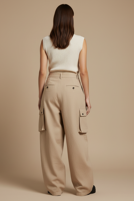 Pantalon Baggy Beige Cargo Ample Coton Décontracté Femme - vue 2