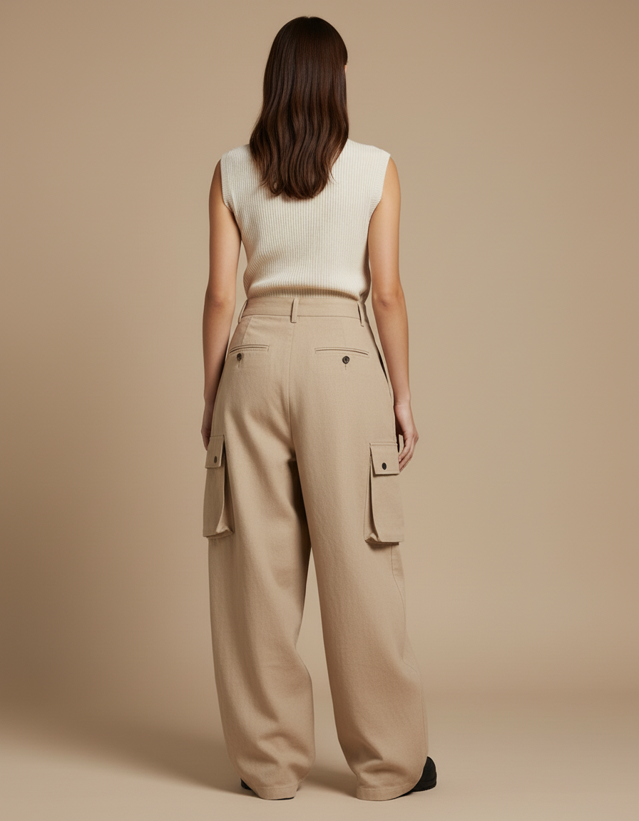 Pantalon Baggy Beige Cargo Ample Coton Décontracté Femme - vue 2