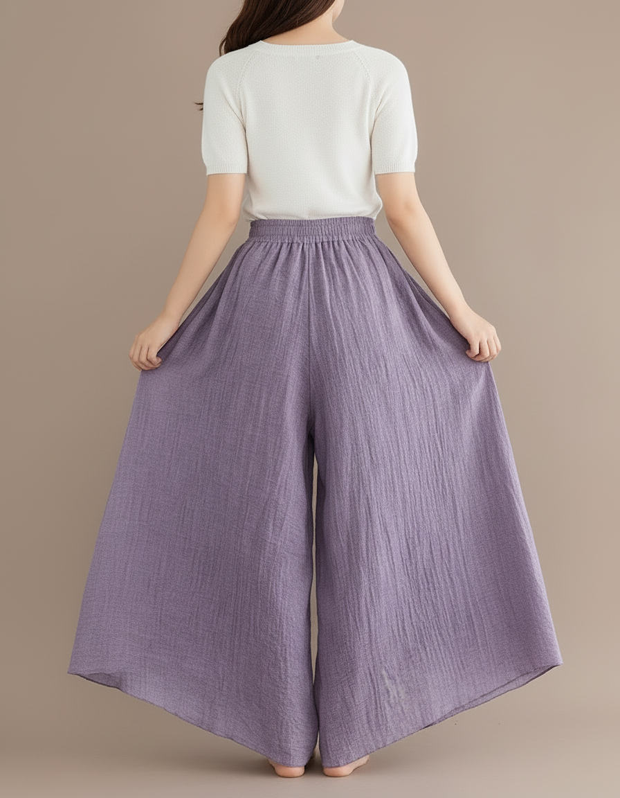 Pantalon Baggy Violet Coton Lin Ample Fluide Femme - vue 2