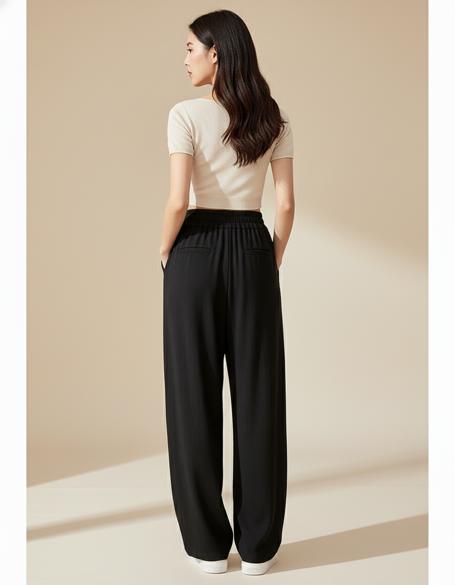 Pantalon Baggy Noir Fluide Ample Taille Haute Femme - Viscose - vue 2