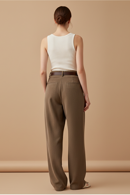 Pantalon Baggy Marron Ample Plissé Ceinturé Décontracté - Tweed - vue 2