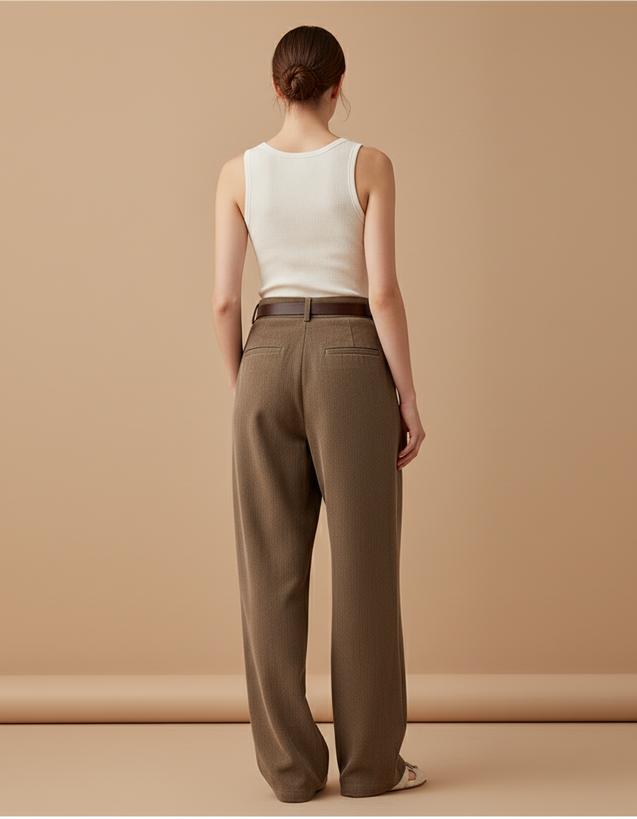 Pantalon Baggy Marron Ample Plissé Ceinturé Décontracté - Tweed - vue 2