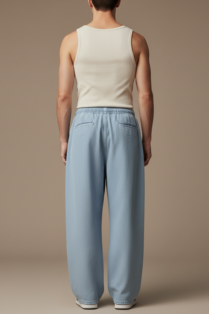 Pantalon Baggy Jean Bleu Clair Ample Cordon Décontracté - vue 2