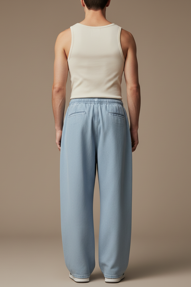 Pantalon Baggy Jean Bleu Clair Ample Cordon Décontracté - vue 2