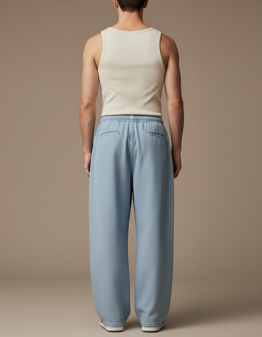 Pantalon Baggy Jean Bleu Clair Ample Cordon Décontracté - vue 2