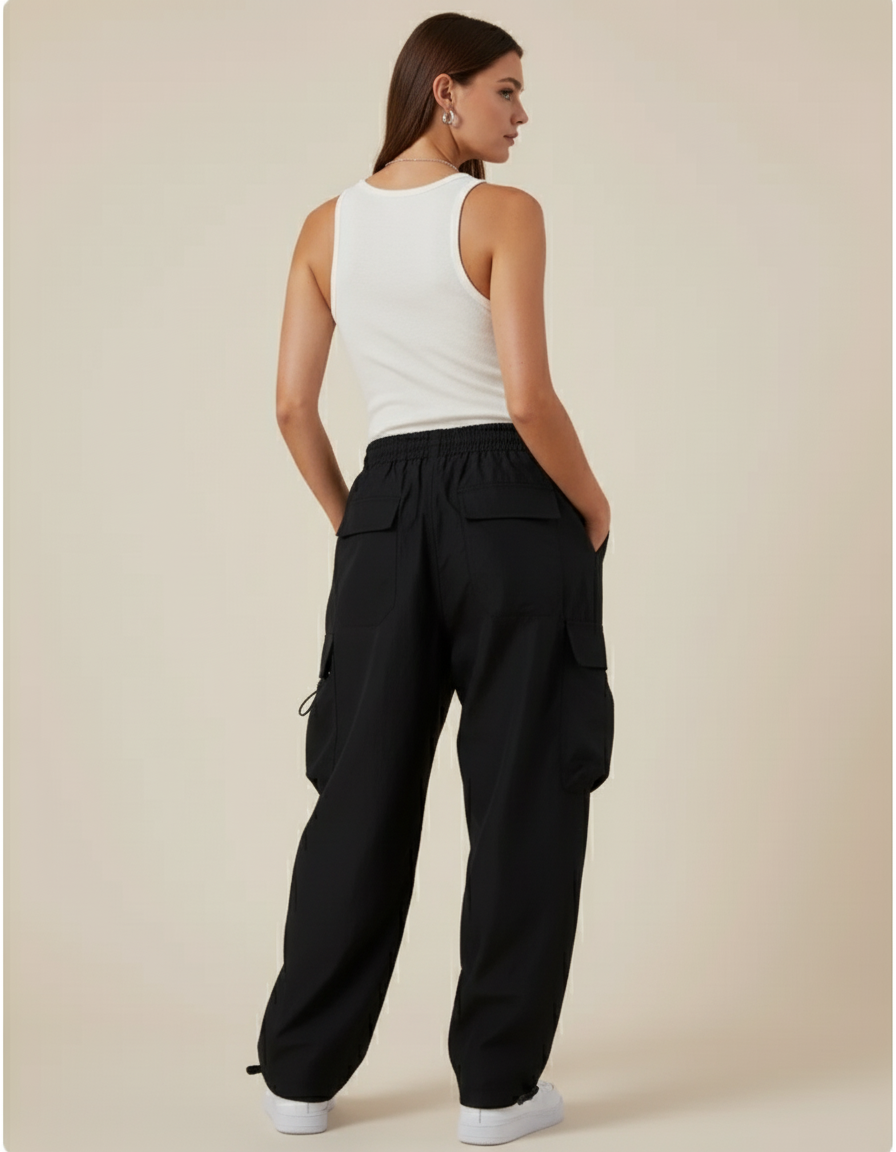 Pantalon Baggy Noir Cargo Ample Femme Sport - Polyester - vue 2