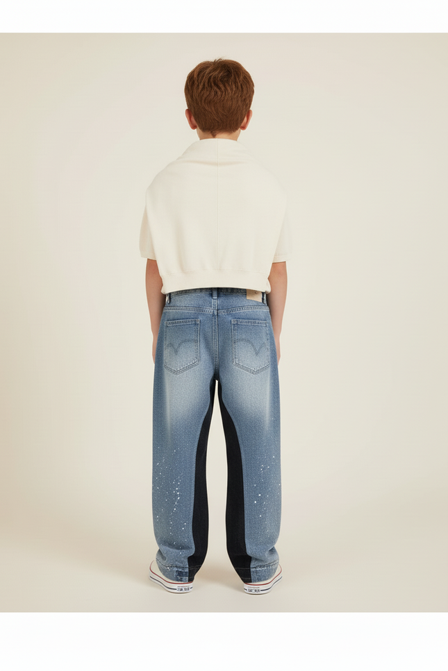 Pantalon Baggy Jean Bleu Déchiré Éclaboussures Ample - vue 2
