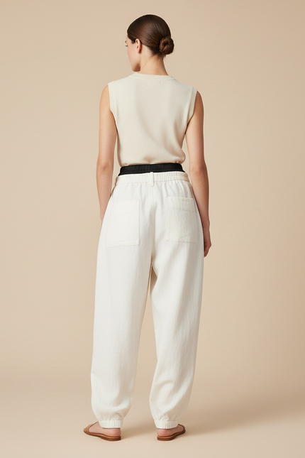 Pantalon Baggy Crème Ample Décontracté Élastiqué - Beige Coton - vue 2