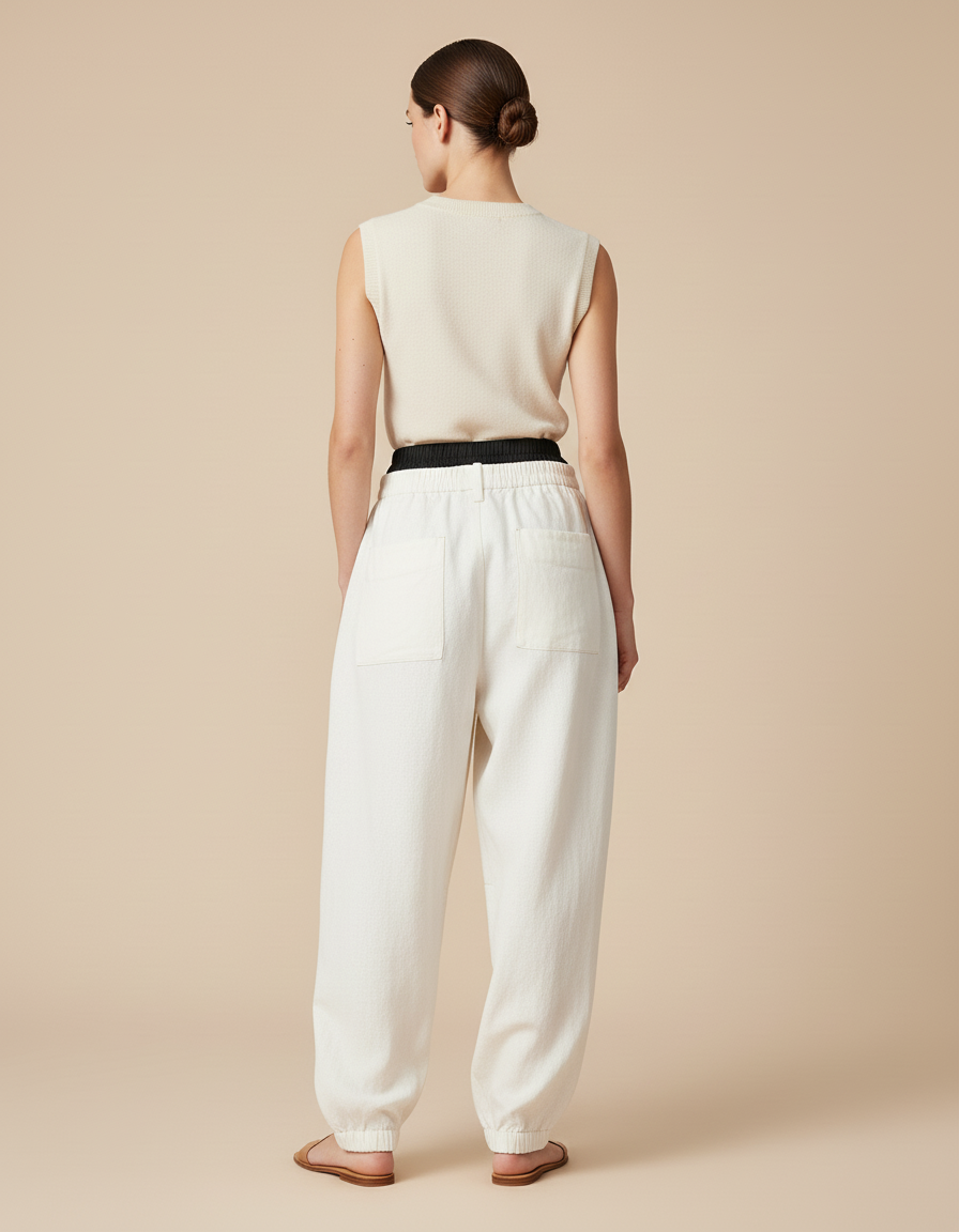 Pantalon Baggy Crème Ample Décontracté Élastiqué - Beige Coton - vue 2