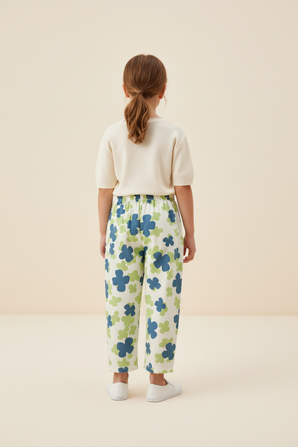 Pantalon Baggy Fleuri Vert Bleu Imprimé Décontracté - Lin - vue 2