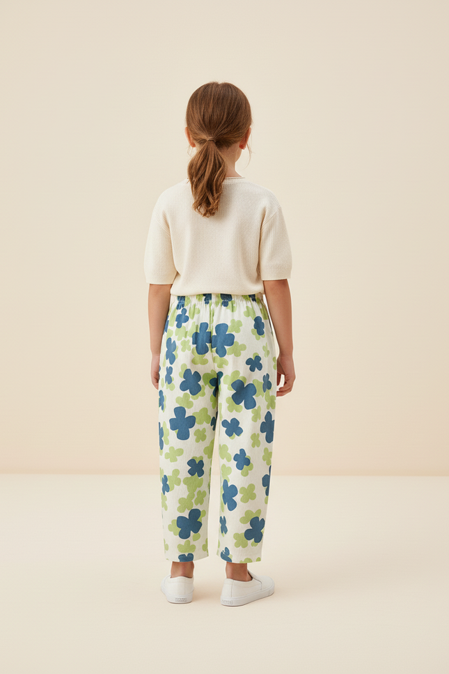Pantalon Baggy Fleuri Vert Bleu Imprimé Décontracté - Lin - vue 2