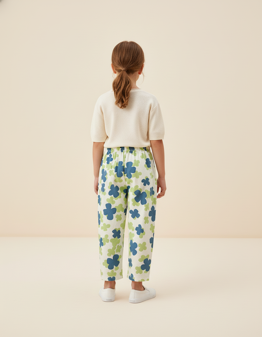 Pantalon Baggy Fleuri Vert Bleu Imprimé Décontracté - Lin - vue 2