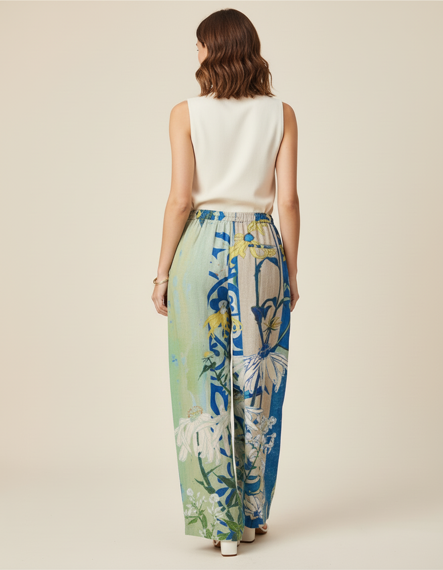 Pantalon Baggy Fleuri Ample Lin Estival Bohème - Multicolore - vue 2