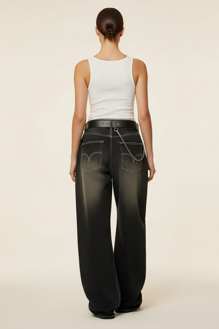 Pantalon Baggy Noir Délavé Brodé Ample Streetwear Femme - Jean - vue 2