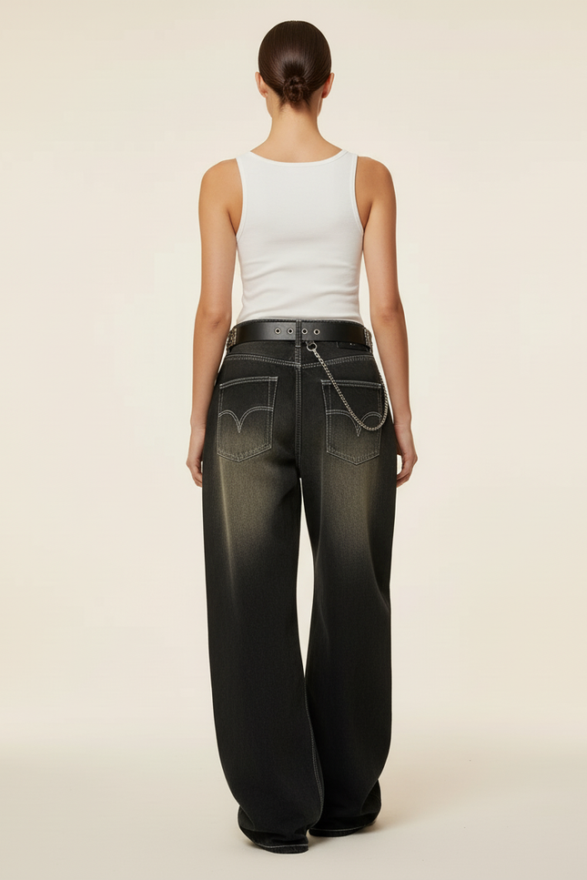 Pantalon Baggy Noir Délavé Brodé Ample Streetwear Femme - Jean - vue 2