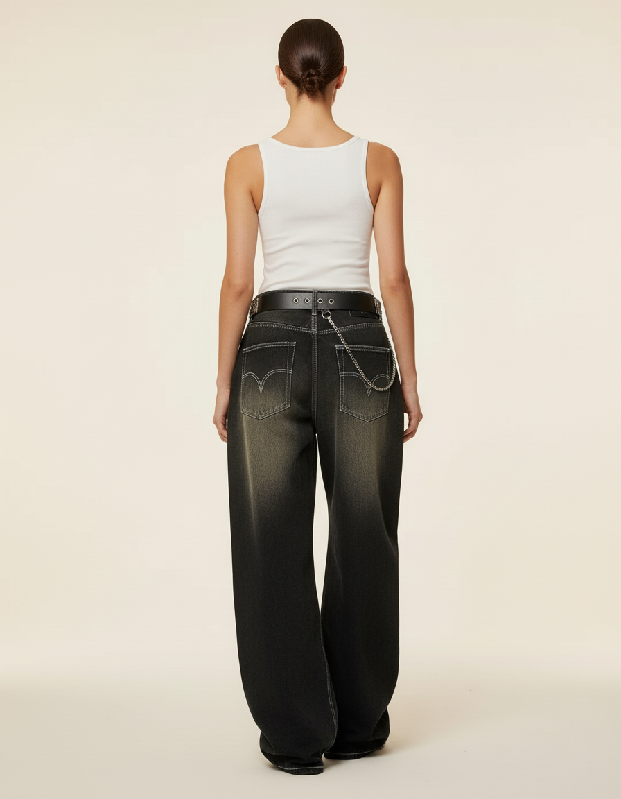 Pantalon Baggy Noir Délavé Brodé Ample Streetwear Femme - Jean - vue 2