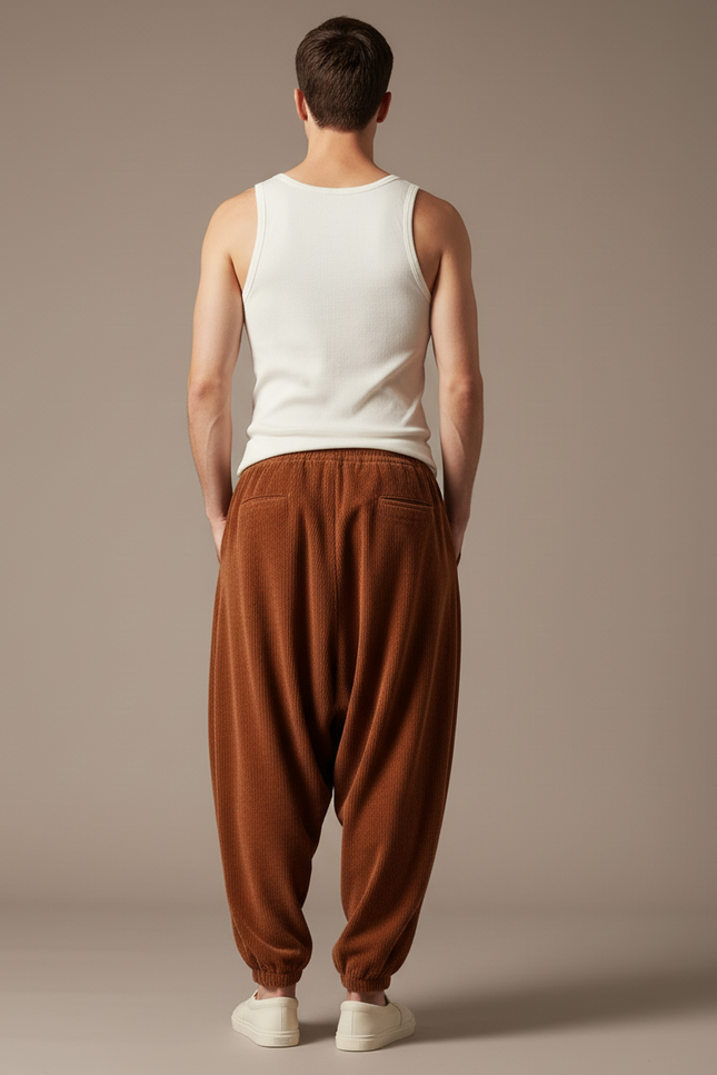 Pantalon Baggy Côtelé Marron Ample Décontracté Homme - Cordé - vue 2