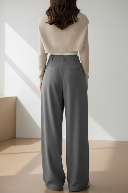 Pantalon Baggy Gris Plissé Taille Haute Fluide Décontracté - Polyester - vue 2