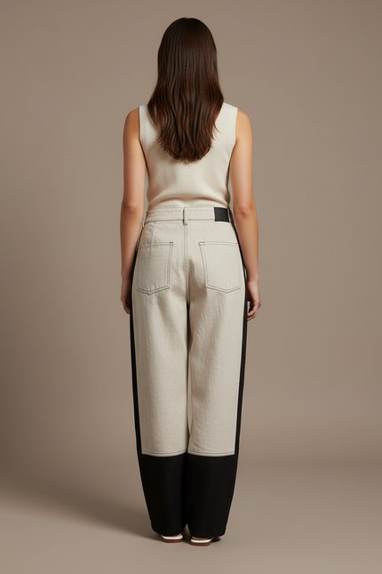 Pantalon Baggy Bicolore Beige Noir Décontracté Ample - Toile - vue 2