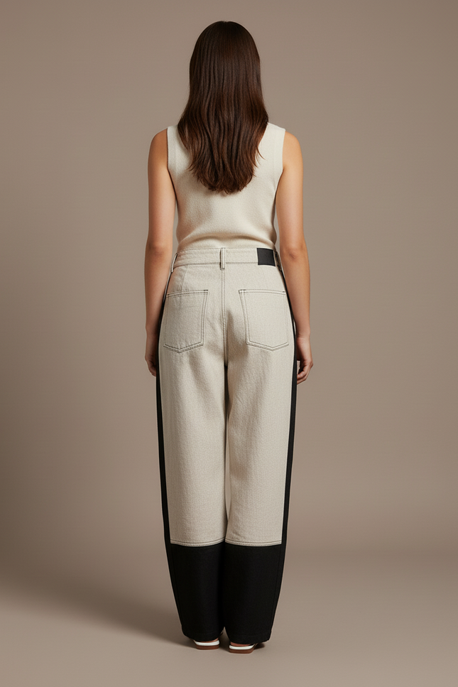 Pantalon Baggy Bicolore Beige Noir Décontracté Ample - Toile - vue 2