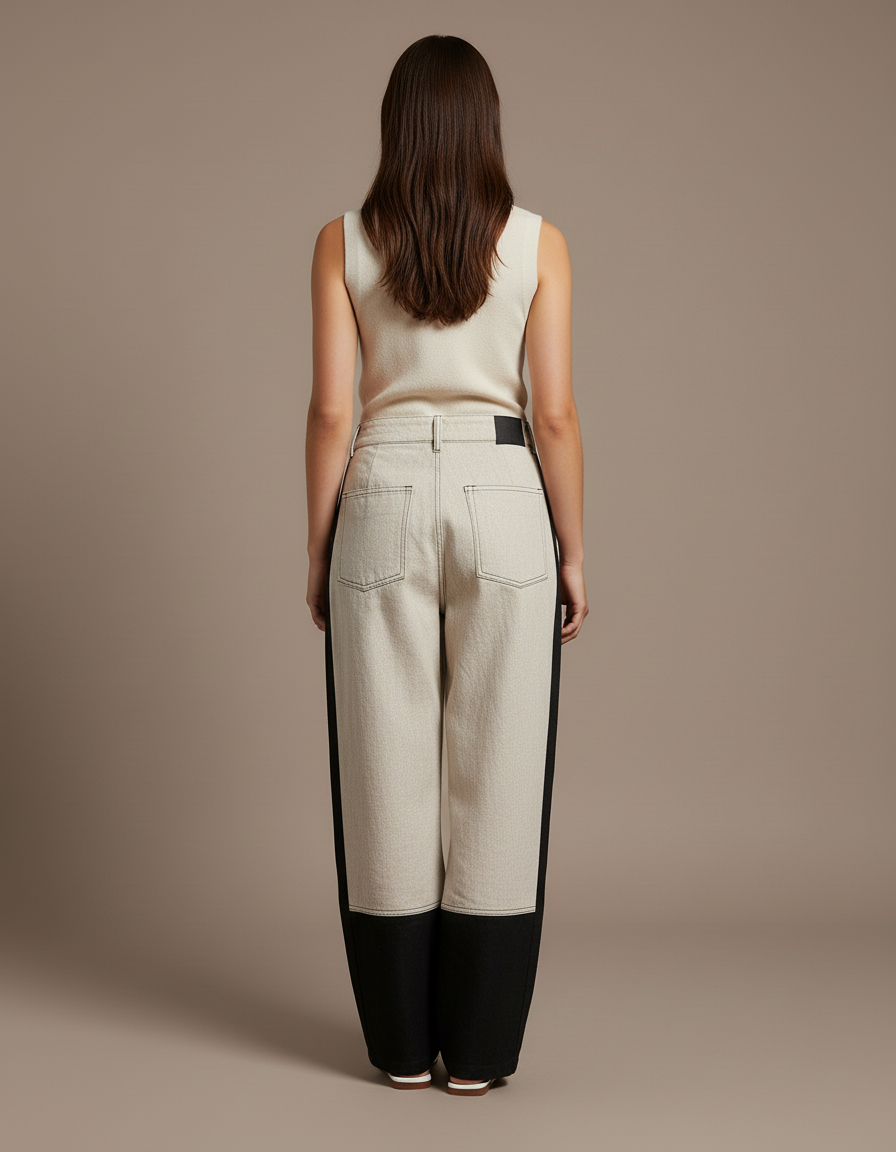 Pantalon Baggy Bicolore Beige Noir Décontracté Ample - Toile - vue 2