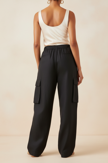 Pantalon Baggy Noir Lin Fluide Cargo Femme - vue 2