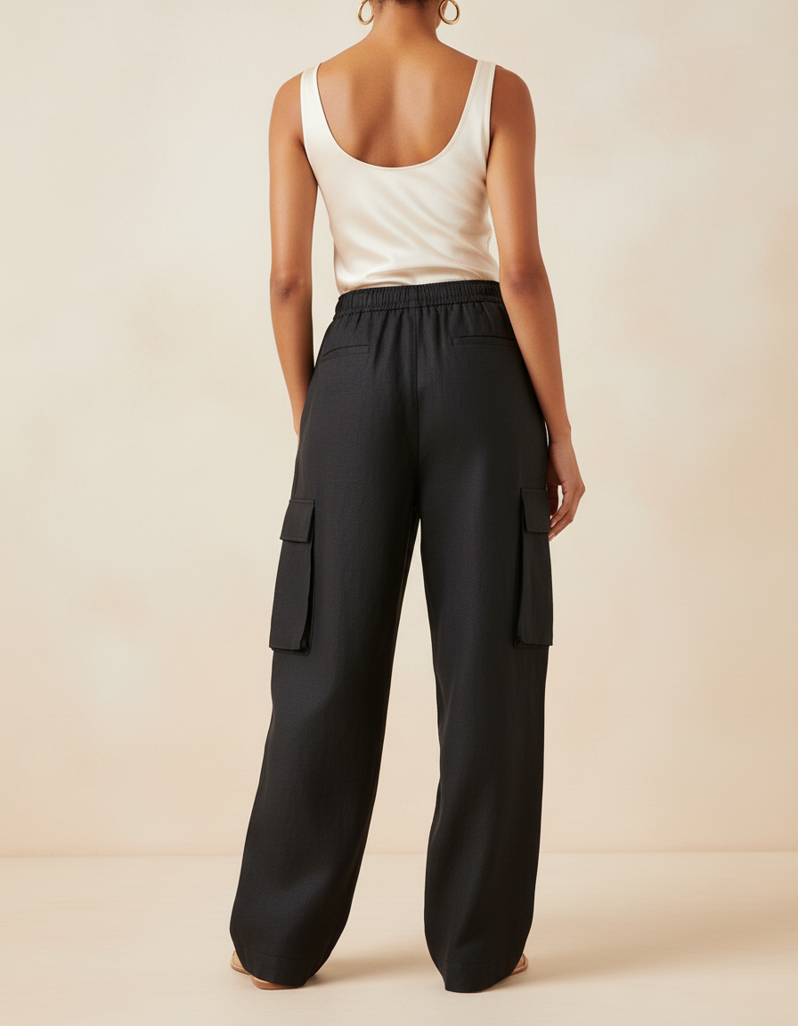 Pantalon Baggy Noir Lin Fluide Cargo Femme - vue 2