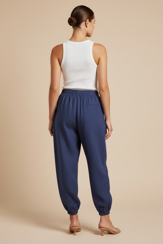 Pantalon Baggy Bleu Marine Lin Ample Confortable Femme - vue 2